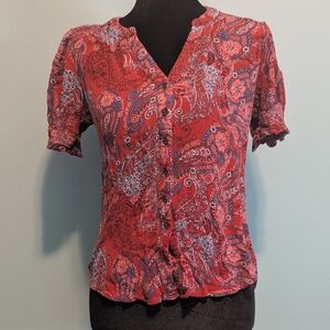 Women's Red Paisley Button-Front Short Sleeve Top